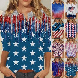 Women's T Shirts Fashion Button Up 3/4 Sleeve Shirt Independence Day Printed Top 4Th Of July For Women