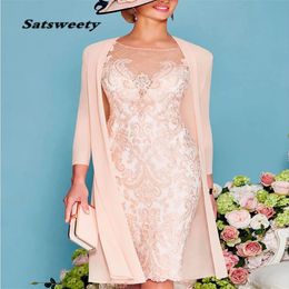 Pink Luxury Beads Mother of the Bride Dresses 3 4 Sleeves Tea Length Lace Wedding Dress with Jacket Formal Evening Gowns 286U