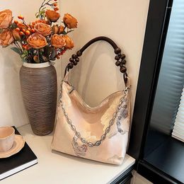 Shoulder Bags Vintage Chinese Style Pink Clutches Handbag Flower Print Silk Cloth Chain Bag For Women Prom Party Big Capacity
