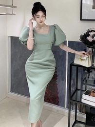 Party Dresses High Quality Green Evening Dress Fashion Summer Women Chic Lantern Sleeve Square Collar Bodycon Split Long Prom