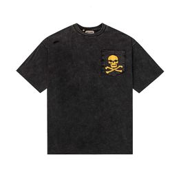 washed designer shirt for men GELLRIES Men's pocket skull print round short sleeve T-shirt
