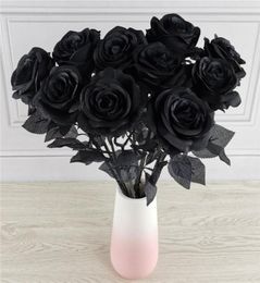 Decorative Flowers Wreaths Black Artificial Silk Rose Bouquet Halloween 10PCLot Gothic Wedding Plants For Party Decor7804616