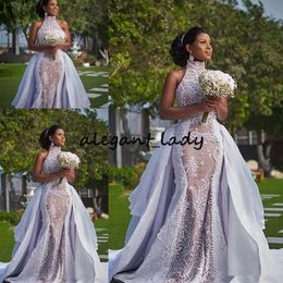 Plus Szie African Wedding Dresses with Detachable Train 2020 Modest High Neck Puffy Skirt Sima Brew Country Garden Royal Wedding Gown 236D