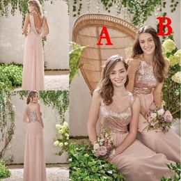 2020 Sexy Rose Gold Sequined Bridesmaid Dresses Long Chiffon Halter A Line Straps Ruffles Blush Pink Maid Of Honor Wedding Guest Dresse 312Z