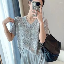 Women's T Shirts Summer V-neck Fashion Short Sleeve T-shirt Women High Street Chinese Style Casual Elegant Pullovers Sequined Patchwork Tops