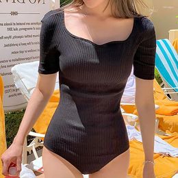 Women's Swimwear Ladies One Piece Swimming Suit Black Short Sleeves Korean Style Specail Fabric Beach Wear Vintage Monokini Women Bikinis