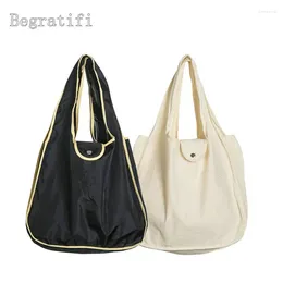 Shopping Bags 2024 Lady Messager Handbags Women Shoulder Bag Solid Color Oxford Cloth Folding Supermarket Pure Cotton