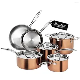 Cookware Sets Stainless Steel Tri-ply Pot Pan Set 10 Piece Copper Induction Mirror Polished Lid Ergonomic Handle Fast Heat Dispersal