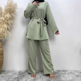 Ethnic Clothing Muslim women fashion womens clothing Turkey Dubai fashion simple atmosphere set Islamic wide leg pants Muslim lace-up suit T240510