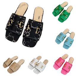 2024 Web G Embroidered Slipper Women Designer sandals Satin Slides Square Toes with Gold buckle Sexy Summer mules flat Heels slider Flip Flops home party Beach Shoes