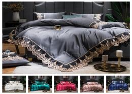 Luxury 2 or 3 or 4pcs Lace Silk Bedding Set Satin Duvet Cover Set with Flat Sheet Zipper Closure Twin Queen King 7 patterns 2012107824205