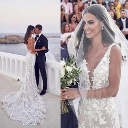 Steven Khalil Boho Beach Wedding Dress 2021 Sexy Backless Mermaid Bride Dresses V-neck 3D Lace Appliques Strap Trumpet Garden Bridal Go 255D