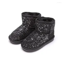 Boots 2024 Winter Bright Thick Bottom Girl Children's Shoes Anti-slip Wear-resistant Warm Cotton Sequin Children