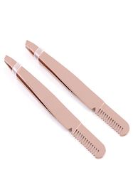 High quality Steel Slanted Tip Eyebrow Tweezers with brow comb Rose gold Face Hair Removal Clip Brow Trimmer Makeup Tool Accept lo4897732