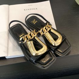 Metal Chain Flat Fashion Designer Sandals Female Casual Non-slip Square Open Toe Roman Summer Slippers Women