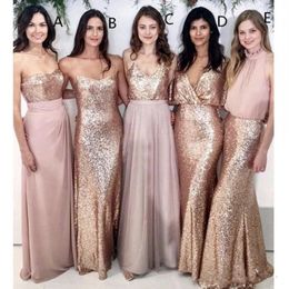 Modest Blush Pink Bridesmaid Dresses Beach Wedding with Rose Gold Sequin Mismatched Maid of Honour Gowns Women Bridesmaids Party Formal 3274