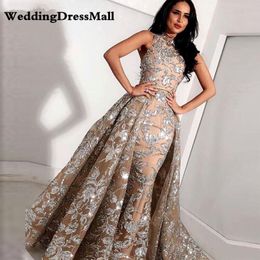 Long Grey Champagne Lace Mermaid High Neck Arabic Evening Gowns 2021 kaftan Dubai Formal Prom Dress with Detachable Skirt 3317