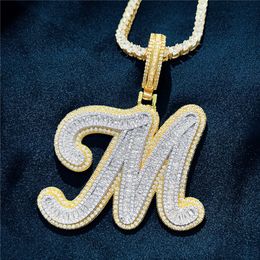 Custom AZ Cut Full Real Icy Baguette Cursive Letters Pendant Necklace Gold Silver Cubic Zirconia Men Women with 24inch Rope Chain 220i