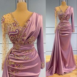 2022 Light Purple Mermaid Evening Dresses Wear Sheer V Neck Crystal Beaded Long Sleeves Formal Prom Party Second Reception Special Occa 311h