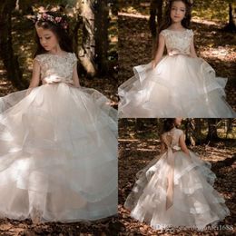 Floral Lace Flower Girl Dresses Ball Gowns Child Pageant Dresses Long Train Beautiful Little Kids FlowerGirl Dress Formal 346W