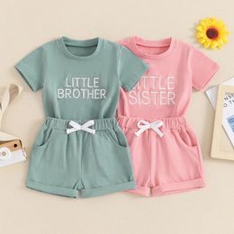 Clothing Sets 0-24months Unisex Baby Summer Outfits Letter Embroidery Tops Elastic Waist Shorts Toddler Brother Sister Set Boy And Girl