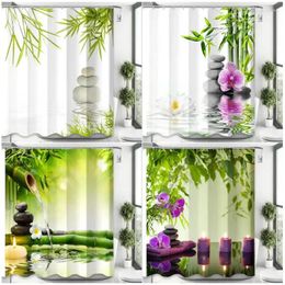 Shower Curtains Black Zen Stone Green Bamboo Bathroom Sets Candle Purple Orchid Spa Water Nature Scenery Waterproof Fabric Decor
