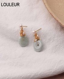 Stud LouLeur Natural Pearl Earrings Elegant Handmade 925 Silver Jade Stone For Women Fashion 18k Gold Jewellery Gift19558814