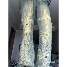 American style jeans washed old tattoo rivet bootcut trousers men and women couple high waist denim baggy 240510