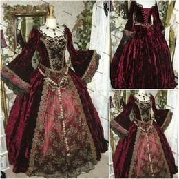 Vintage Burgundy Wedding Dresses Bridal Gown with Long Poet Sleeves Scoop Neck A Line Tulle Lace Applique Floor Length vestidos de novi 171s
