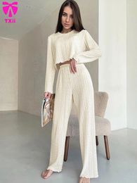 Home Clothing TXii Beige Ruffle Women'S Pyjamas O-Neck Long Sleeve Sleepwear Knitte Nightie High Waist Wide Leg Night Wears For Women