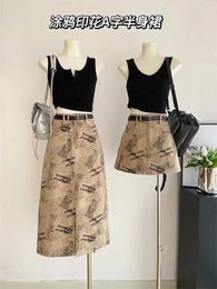 Skirts American Vintage Skirt Graffiti Letter Print Women Streetwear Summer Korean Preppy Style Sexy Tide A-Line Gyaru Classical