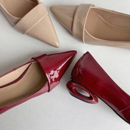 Casual Shoes 2024Spring Single Red Patent Leather Shallow Flats Pointed Toe Apricot Working Stilettos Slip On Fretwork Square Heels
