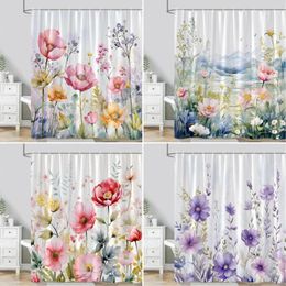 Shower Curtains Floral Curtain Watercolor Farm Butterfly Botanical Green Leaf Wildflower Modern Polyester Fabric Bathroom Decor