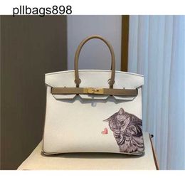 Brknns Handbag Genuine Leather 7A Handswen White patchwork gray printed gold sewing 30CM cute kittenNIO5