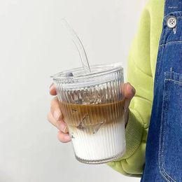 Water Bottles 400ml Ins Stripe Glass Cup With Lid And Straw Transparent Drinking Glasses Iced Coffee Mug Juice Tea Cups Drinkware