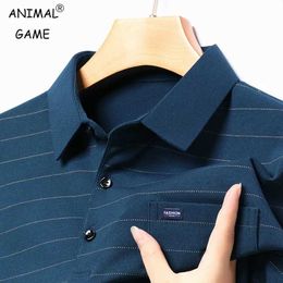 Men's Polos New mens long sleeved T-shirt fashionable and breathable business top spring wrinkle resistant striped polo shirt mensL2405