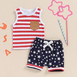 Clothing Sets Toddler Clothes Boy 4th Of July Outfit Stripe Pocket Round Neck Tank Tops With Star Pattern Shorts For Independence Day