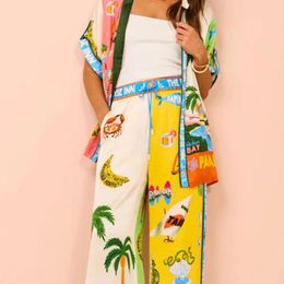 Women's T Shirts Women Casual Printed Coconut Trees Short Sleeve Shirt Blouse Top Loose Long Pants 2 Piece Set Summer Holiday Beach Outfits