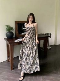 Basic Casual Dresses French rose print womens lace dress new design for summer and autumn feeling high waisted wrapped in unique shoulder straps long dress cheap who