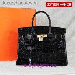 Top Quality Original Hremms Birkks Tote Bags 2024 New Crocodile Pattern Bag Fashionable and Versatile Casual Cowhide Handheld One Shoulde with Real Logo