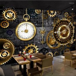 Wallpapers Wellyu 3D Three-dimensional European And American Gold Gear Clock Mural Background Wall Custom Large Green Wallpaper