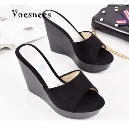 Slippers Fashion Women Shoes High Heels 13.5CM Platform Flock Wedges Black White Flat Ladies Beach Shoe