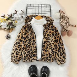 Jackets Autumn And Winter Girls Fashion Casual Leopard Print Fleece Insulation Hooded Zippered Jacket