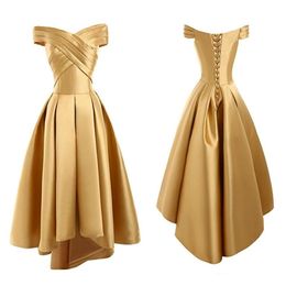 Sexy Gold Satin Off Shoulder Prom Party Dresses Short Front Long Back Pleats Hi Lo Cocktail Dress Elegant Formal Evening Gowns Abendkle 257F