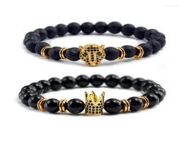 Strand Black Natural Volcanic Stone Bracelets Leopard Head Crown Elastic Rope Frosted Beaded Bangles Fashion Jewelry For Couples H9979811
