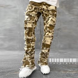 European camouflage pants mens street slim fit elastic patch denim torn mens stacked jeans mens camouflage tight fitting jeans 240428