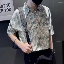 Men's Casual Shirts Summer Male Fashion Ink Printing Short Sleeve Shirt Men Vintage Polo-neck All-match Cardigan Blouse Hombre Trend Top