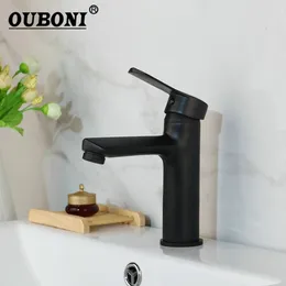 Bathroom Sink Faucets OUBONI Matte Black Faucet Deck Mount Solid Brass Water Basin Single Handle Mixer Taps