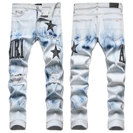 Men's Jeans European Letter AMIRIiocn Men Embroidery Patchwork Trend Brand Motorcycle Pants Mens Skinny Ripped AM3091 Size 29-38