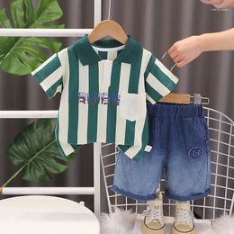 Clothing Sets 2024 Summer Kids Korean Vertical Striped Turn-down Collar Short Sleeve T-shirts And Shorts 2PCS Children Boy Outfit Set